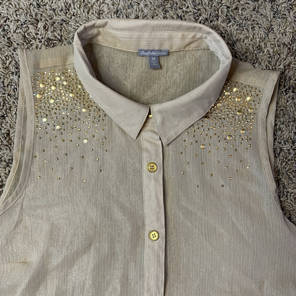 Charlotte Russe Blouse Womens M Beige Gold Button Up Collared Top Business - Picture 2 of 10